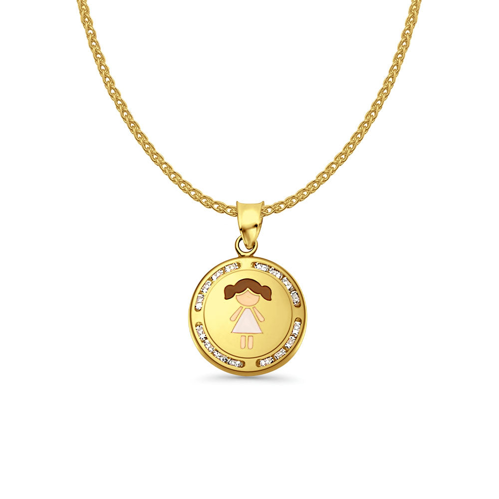 14K Yellow Gold CZ Enamel Girl Pendant 21mmX15mm With 16 Inch To 22 Inch 1.2MM Width Flat Open Wheat Chain Necklace