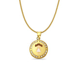 14K Yellow Gold CZ Enamel Girl Pendant 21mmX15mm With 16 Inch To 24 Inch 1.0MM Width D.C. Round Wheat Chain Necklace