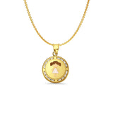 14K Yellow Gold CZ Enamel Girl Pendant 21mmX15mm With 16 Inch To 22 Inch 0.9MM Width Angle Cut Oval Rolo Chain Necklace