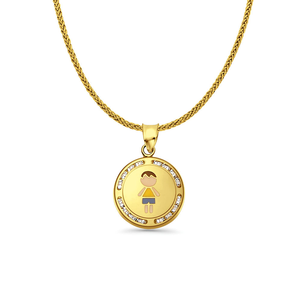 14K Yellow Gold CZ Enamel Boy Pendant 21mmX15mm With 16 Inch To 24 Inch 0.8MM Width Square Wheat Chain Necklace