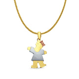 14K Tri Color Gold Girl Pendant 28mmX17mm With 16 Inch To 24 Inch 0.8MM Width Square Wheat Chain Necklace