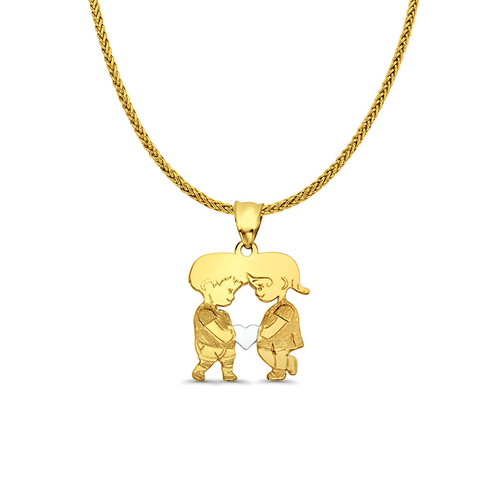 14K Yellow Gold Boy & Girl Pendant 22mmX14mm With 16 Inch To 24 Inch 0.8MM Width Square Wheat Chain Necklace