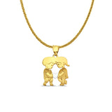 14K Yellow Gold Boy & Girl Pendant 22mmX14mm With 16 Inch To 24 Inch 0.8MM Width Square Wheat Chain Necklace