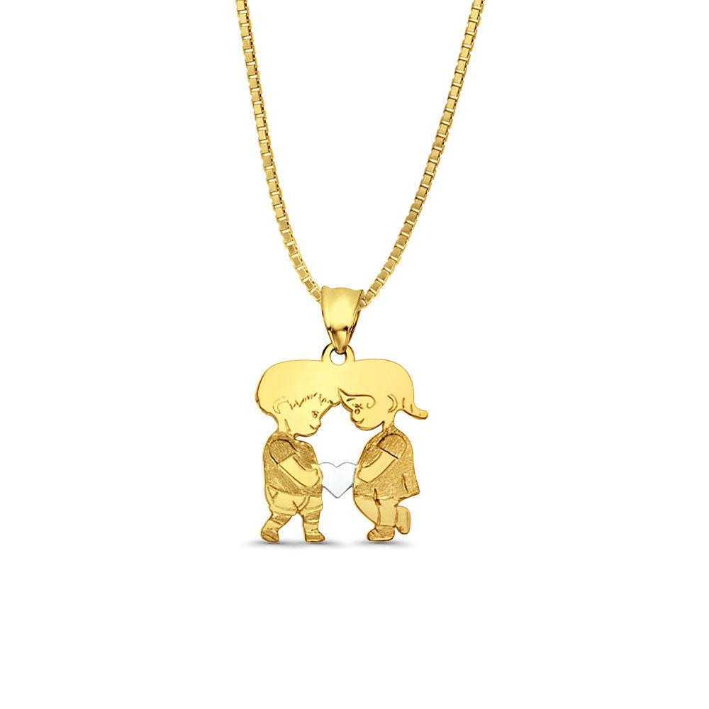 14K Yellow Gold Boy & Girl Pendant 22mmX14mm With 16 Inch To 24 Inch 0.8MM Width Box Chain Necklace