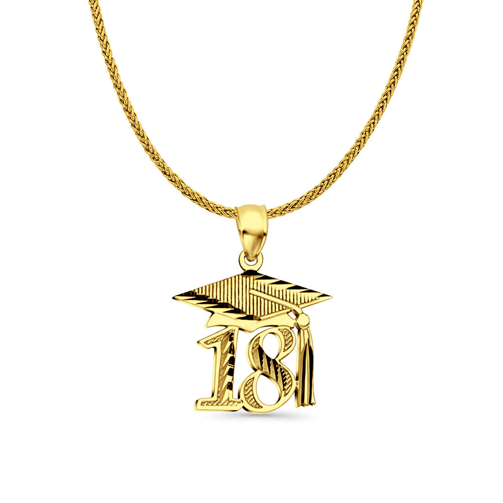 14K Yellow Gold Graduation Pendant 25mmX18mm With 16 Inch To 24 Inch 0.8MM Width Square Wheat Chain Necklace