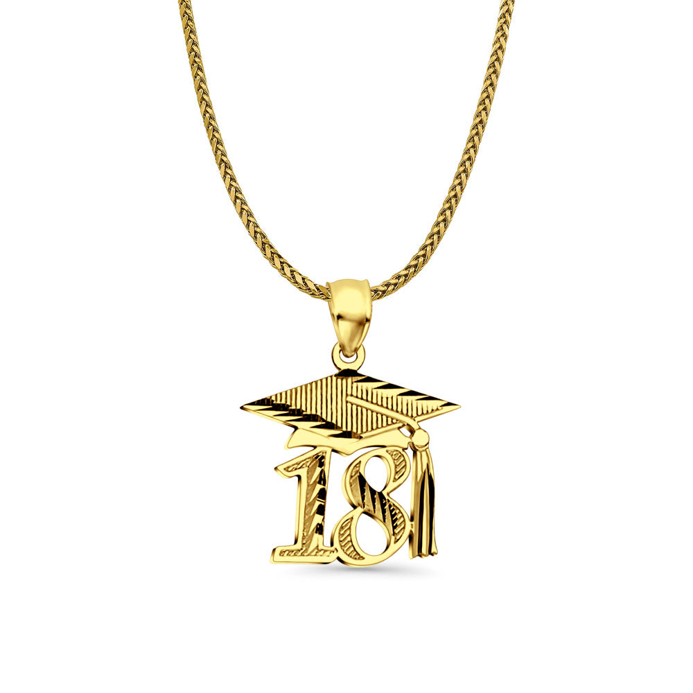 14K Yellow Gold Graduation Pendant 25mmX18mm With 16 Inch To 22 Inch 1.1MM Width Wheat Chain Necklace