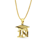 14K Yellow Gold Graduation Pendant 25mmX18mm With 16 Inch To 18 Inch 1.0MM Width Box Chain Necklace
