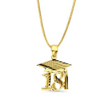 14K Yellow Gold Graduation Pendant 25mmX18mm With 16 Inch To 24 Inch 0.8MM Width Box Chain Necklace
