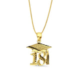 14K Yellow Gold Graduation Pendant 25mmX18mm With 16 Inch To 22 Inch 0.5MM Width Box Chain Necklace