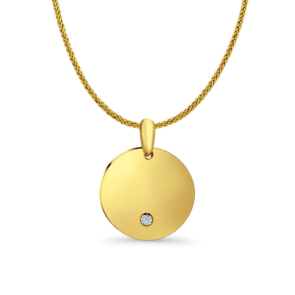 14K Yellow Gold Engravable CZ Round Pendant 25mmX19mm With 16 Inch To 24 Inch 0.8MM Width Square Wheat Chain Necklace