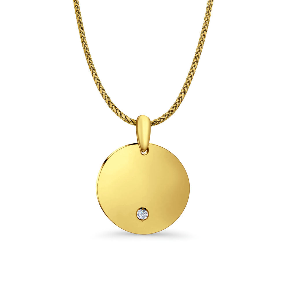 14K Yellow Gold Engravable CZ Round Pendant 25mmX19mm With 16 Inch 1.1MM Width Wheat Chain Necklace