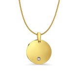 14K Yellow Gold Engravable CZ Round Pendant 25mmX19mm With 16 Inch To 18 Inch 1.0MM Width D.C. Round Wheat Chain Necklace