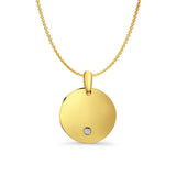 14K Yellow Gold Engravable CZ Round Pendant 25mmX19mm With 16 Inch To 22 Inch 0.9MM Width Angle Cut Oval Rolo Chain Necklace
