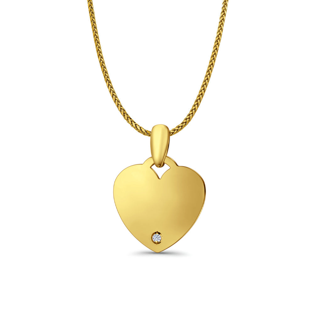 14K Yellow Gold Engravable CZ Heart Pendant 24mmX17mm With 16 Inch To 24 Inch 0.9MM Width Wheat Chain Necklace