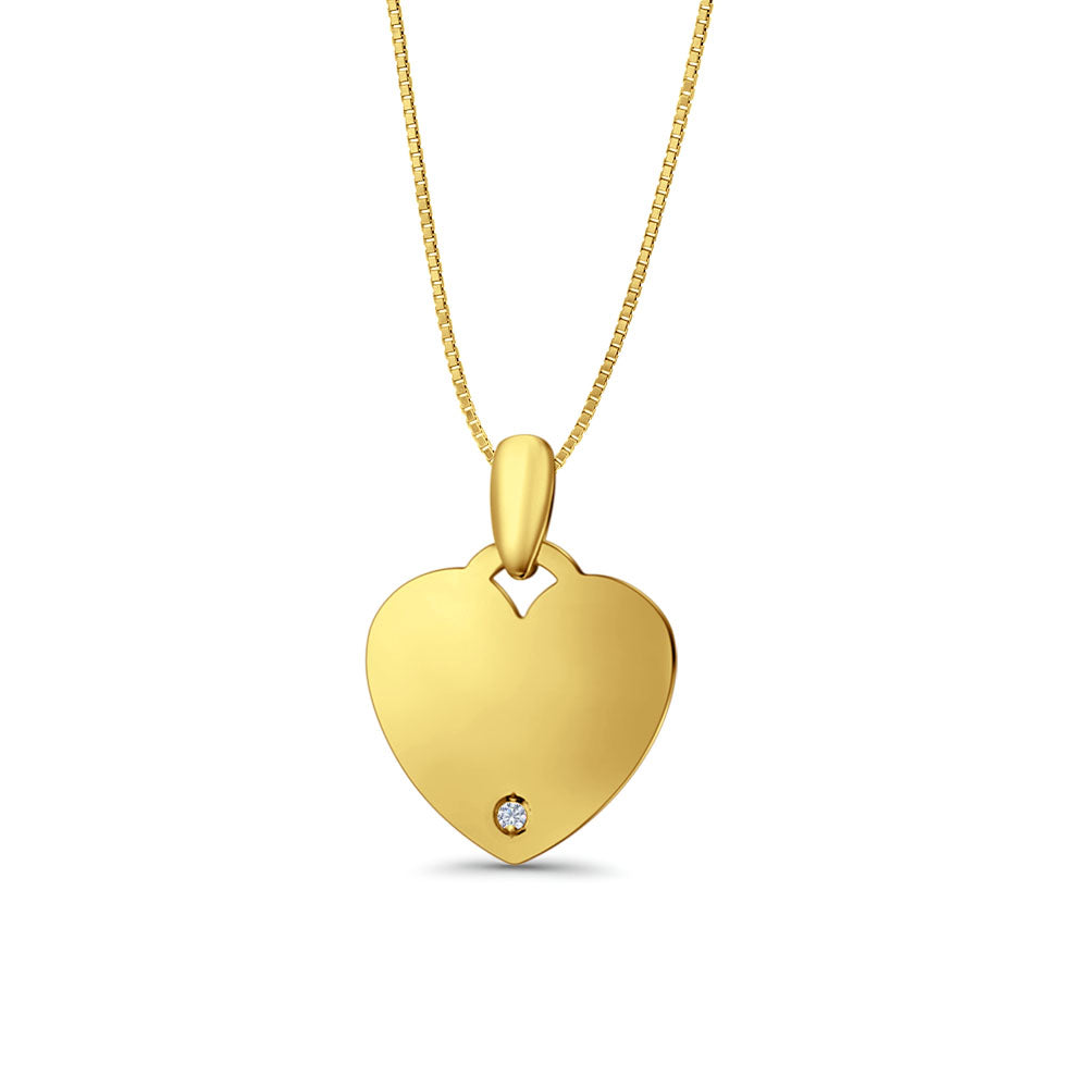 14K Yellow Gold Engravable CZ Heart Pendant 24mmX17mm With 16 Inch To 22 Inch 0.5MM Width Box Chain Necklace