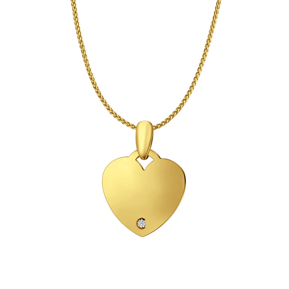 14K Yellow Gold Engravable CZ Heart Pendant 24mmX17mm With 16 Inch To 20 Inch 1.0MM Width D.C. Round Wheat Chain Necklace