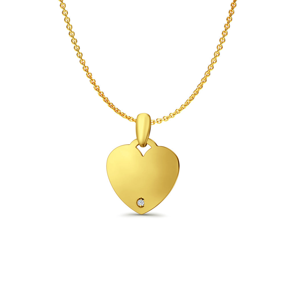 14K Yellow Gold Engravable CZ Heart Pendant 21mmX15mm With 16 Inch To 22 Inch 1.2MM Width Angle Cut Oval Rolo Chain Necklace