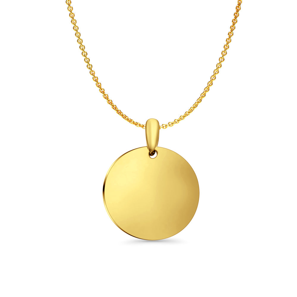 14K Yellow Gold Engravable Round Pendant 25mmX19mm With 16 Inch To 22 Inch 0.9MM Width Angle Cut Oval Rolo Chain Necklace