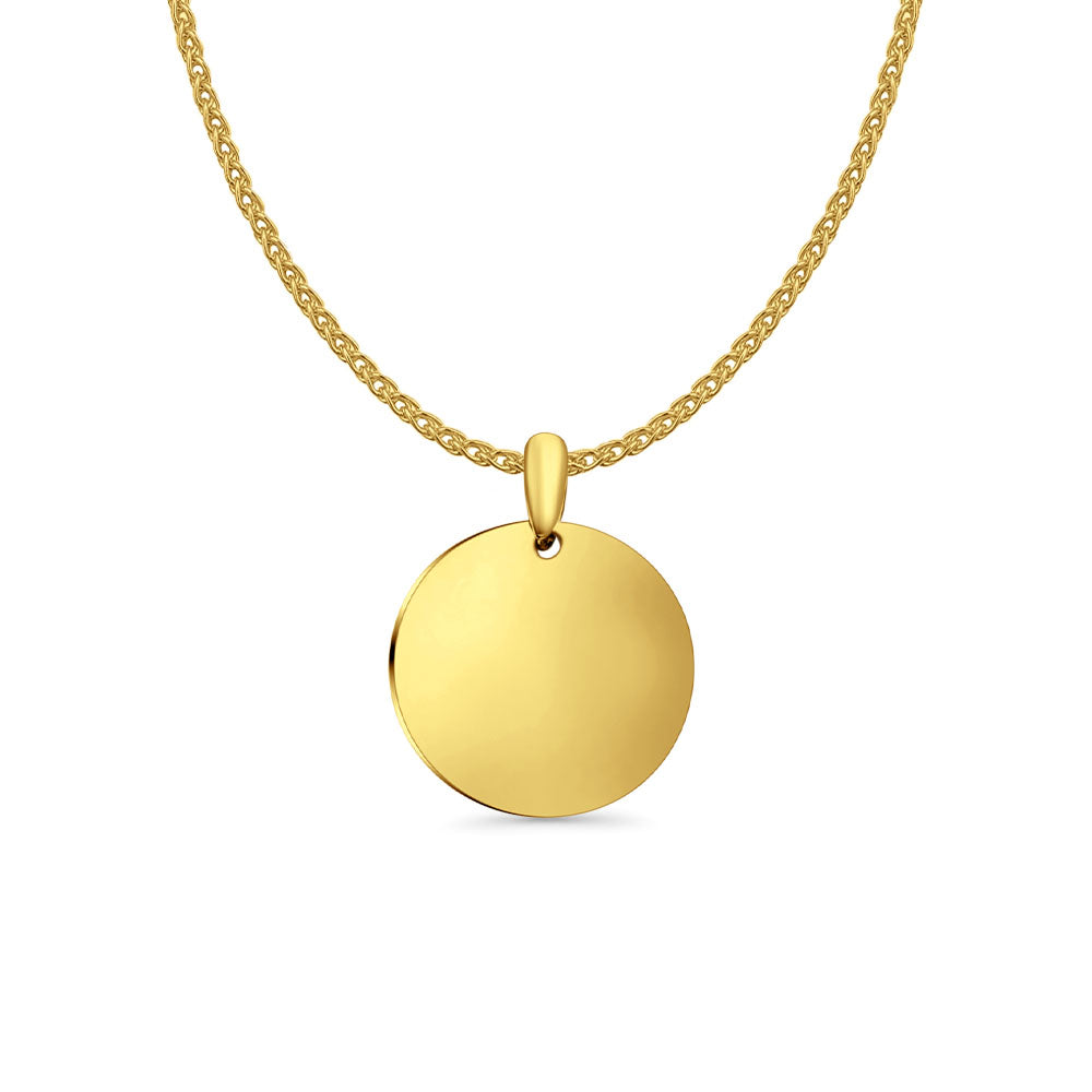 14K Yellow Gold Engravable Round Pendant 21mmX16mm With 16 Inch To 22 Inch 1.2MM Width Flat Open Wheat Chain Necklace
