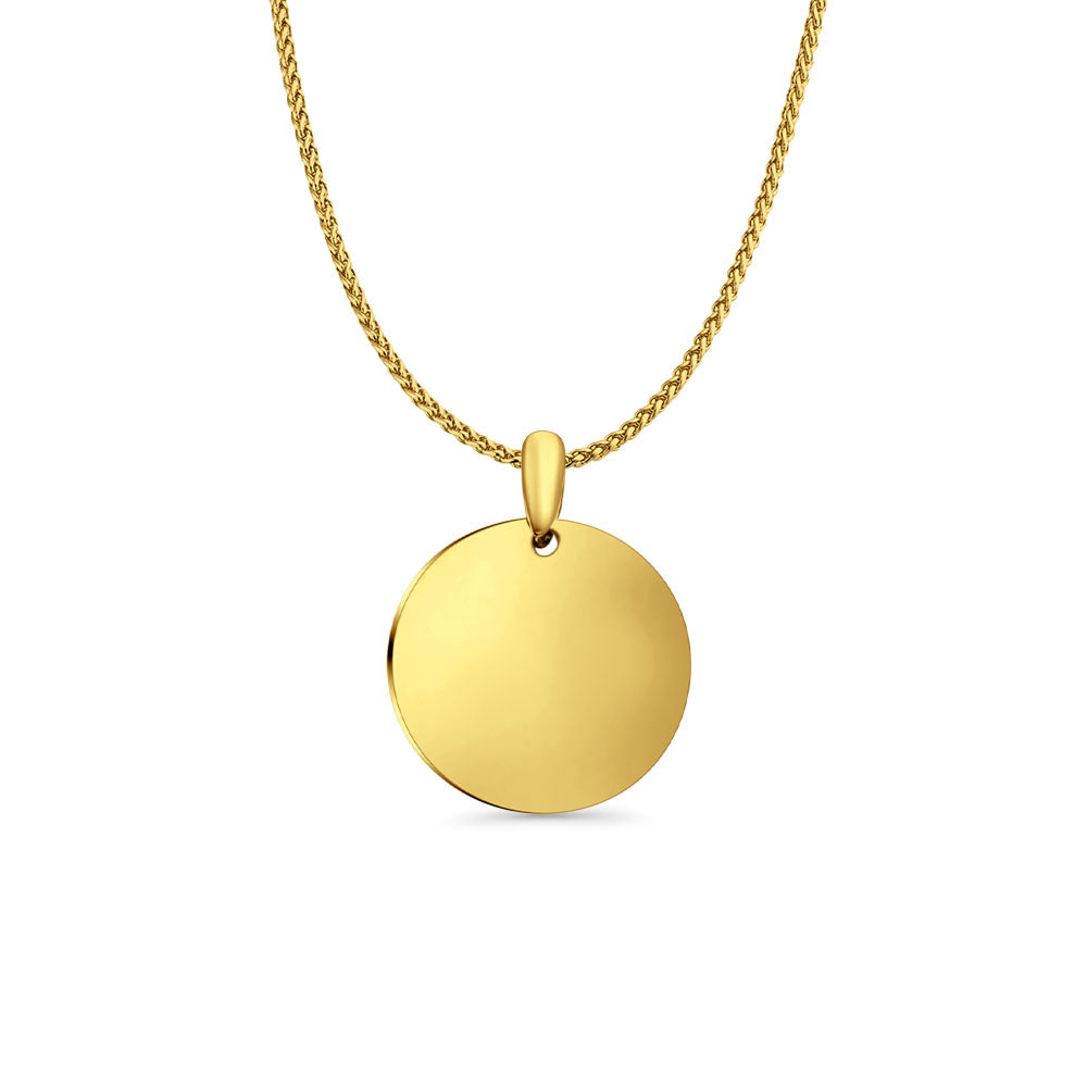 14K Yellow Gold Engravable Round Pendant 21mmX16mm With 16 Inch To 24 Inch 0.8MM Width D.C. Round Wheat Chain Necklace