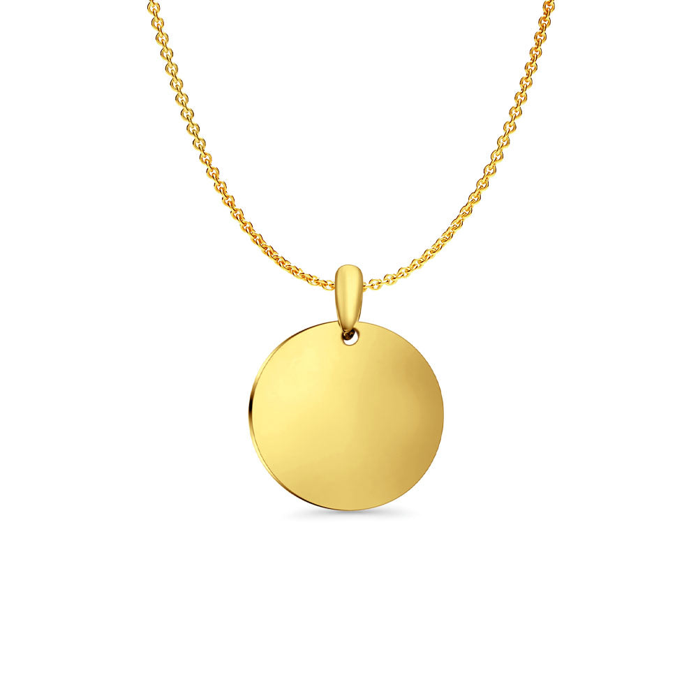 14K Yellow Gold Engravable Round Pendant 21mmX16mm With 16 Inch To 22 Inch 0.9MM Width Angle Cut Oval Rolo Chain Necklace