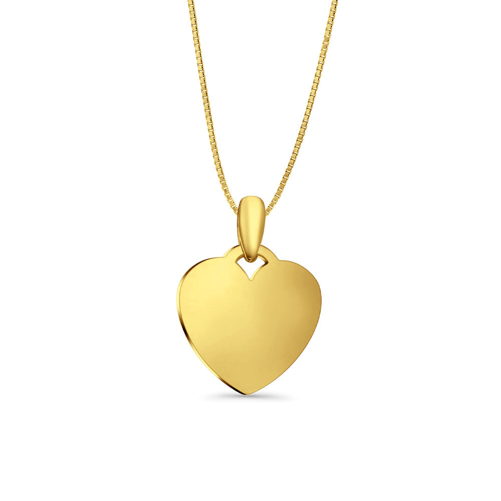 14K Yellow Gold Engravable Heart Pendant 24mmX17mm With 16 Inch To 22 Inch 0.5MM Width Box Chain Necklace