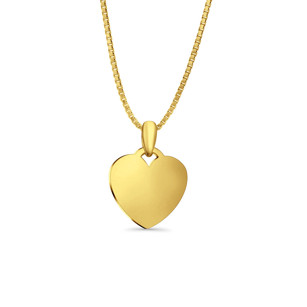14K Yellow Gold Engravable Heart Pendant 21mmX15mm With 16 Inch To 20 Inch 1.0MM Width Box Chain Necklace