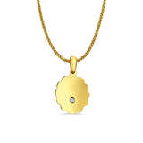 14K Yellow Gold Engravable CZ Flower Round Pendant 24mmX12mm With 16 Inch To 24 Inch 1.1MM Width Wheat Chain Necklace