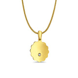 14K Yellow Gold Engravable CZ Flower Round Pendant 24mmX12mm With 16 Inch To 24 Inch 0.9MM Width Wheat Chain Necklace