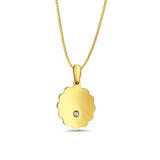 14K Yellow Gold Engravable CZ Flower Round Pendant 24mmX12mm With 16 Inch To 24 Inch 0.6MM Width Box Chain Necklace