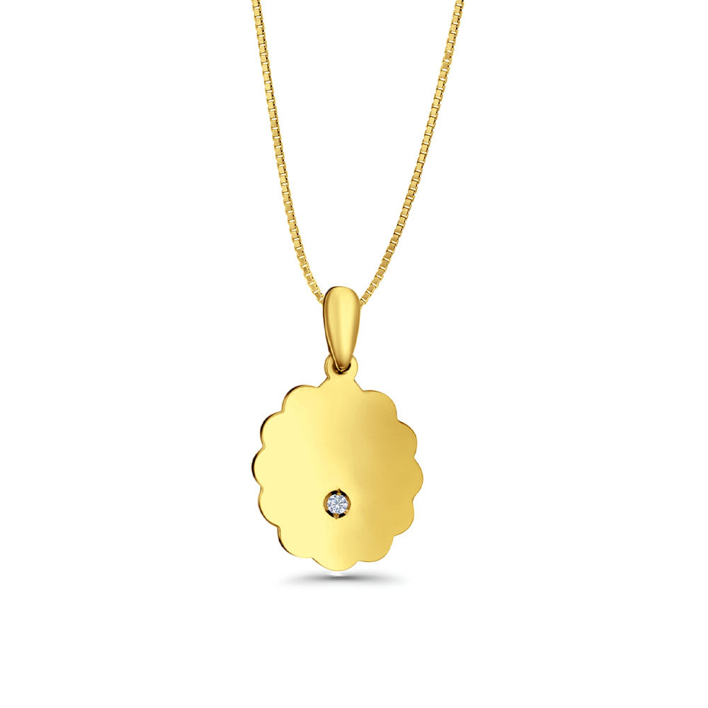 14K Yellow Gold Engravable CZ Flower Round Pendant 24mmX12mm With 16 Inch To 22 Inch 0.5MM Width Box Chain Necklace