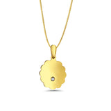 14K Yellow Gold Engravable CZ Flower Round Pendant 24mmX12mm With 16 Inch To 22 Inch 0.5MM Width Box Chain Necklace