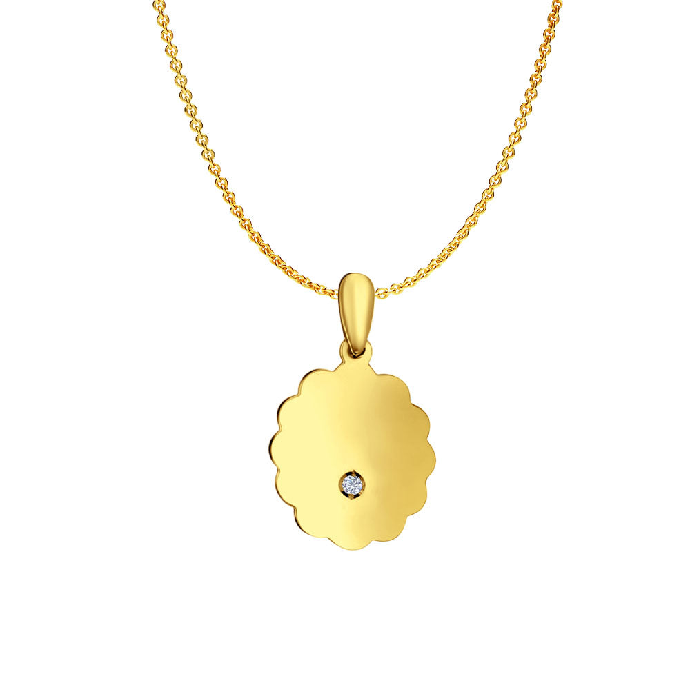 14K Yellow Gold Engravable CZ Flower Round Pendant 24mmX12mm With 16 Inch To 22 Inch 0.9MM Width Angle Cut Oval Rolo Chain Necklace