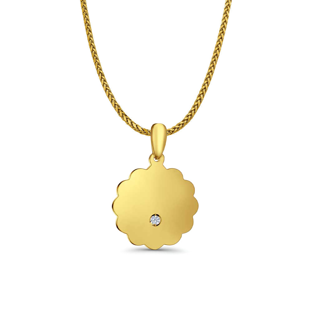 14K Yellow Gold Engravable CZ Flower Round Pendant 24mmX16mm With 16 Inch To 22 Inch 1.1MM Width Wheat Chain Necklace