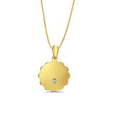 14K Yellow Gold Engravable CZ Flower Round Pendant 24mmX16mm With 16 Inch To 22 Inch 0.5MM Width Box Chain Necklace