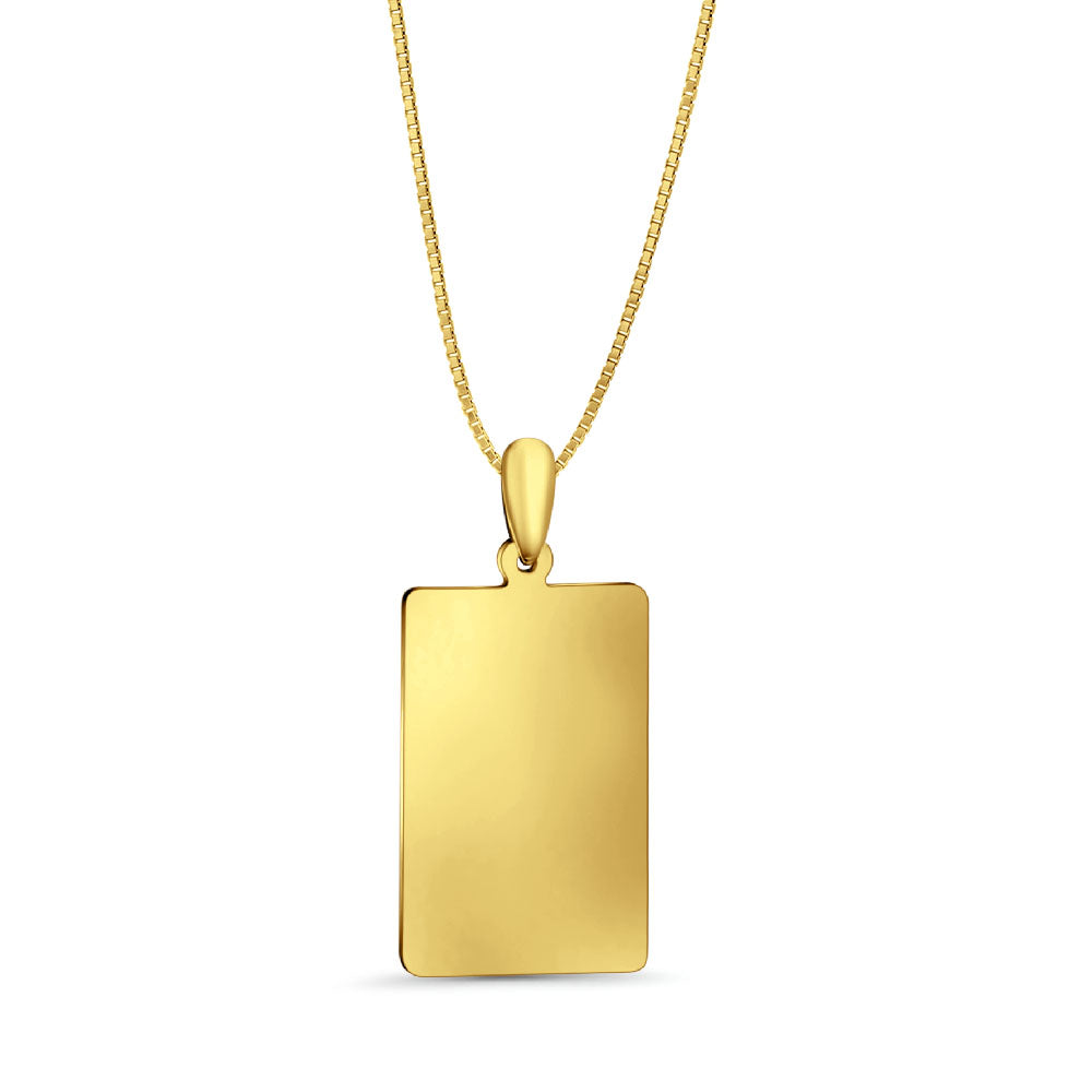 14K Yellow Gold Engravable Rectangular Pendant 30mmX14mm With 16 Inch To 22 Inch 0.5MM Width Box Chain Necklace
