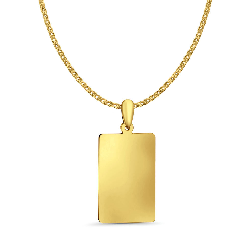 14K Yellow Gold Engravable Rectangular Pendant 30mmX14mm With 16 Inch To 22 Inch 1.2MM Width Flat Open Wheat Chain Necklace