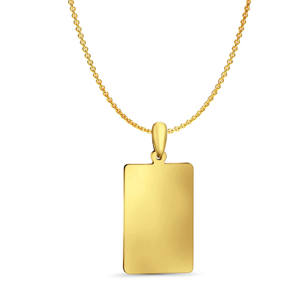 14K Yellow Gold Engravable Rectangular Pendant 30mmX14mm With 16 Inch To 22 Inch 0.9MM Width Angle Cut Round Rolo Chain Necklace