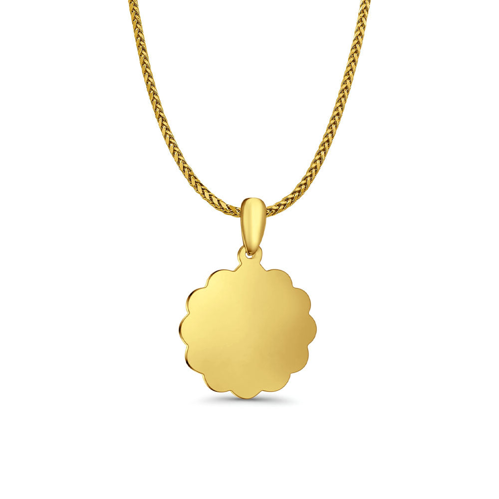 14K Yellow Gold Engravable Flower Round Pendant 24mmX16mm With 16 Inch To 22 Inch 1.1MM Width Wheat Chain Necklace