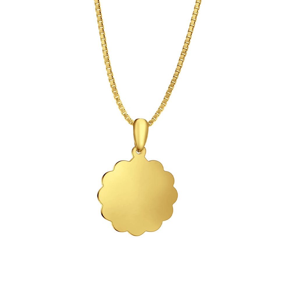 14K Yellow Gold Engravable Flower Round Pendant 24mmX16mm With 16 Inch To 18 Inch 1.0MM Width Box Chain Necklace