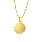 14K Yellow Gold Engravable Flower Round Pendant 24mmX16mm With 16 Inch To 24 Inch 0.8MM Width Box Chain Necklace