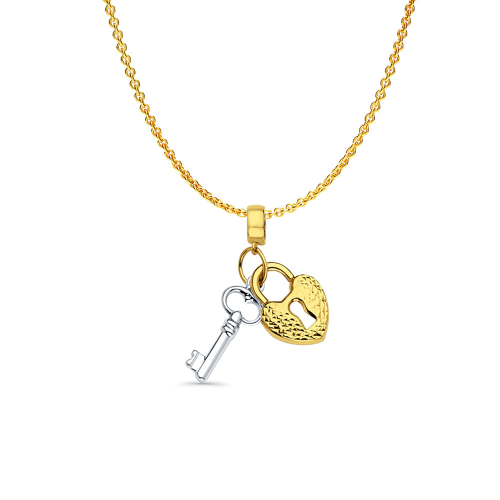 14K Two Tone Gold Key & Lock for Mix&Match Pendant 20mmX17mm With 16 Inch To 22 Inch 1.2MM Width Angle Cut Round Rolo Chain Necklace