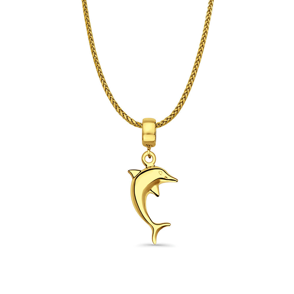 14K Yellow Gold Dolphine Charm for Mix&Match Pendant 27mmX10mm With 16 Inch To 24 Inch 0.9MM Width Wheat Chain Necklace