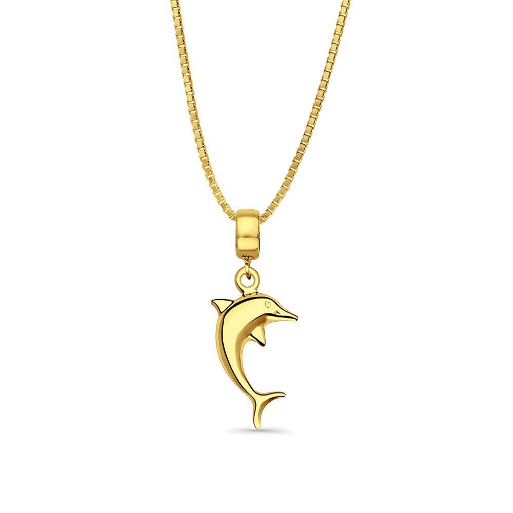 14K Yellow Gold Dolphine Charm for Mix&Match Pendant 27mmX10mm With 16 Inch To 24 Inch 0.8MM Width Box Chain Necklace