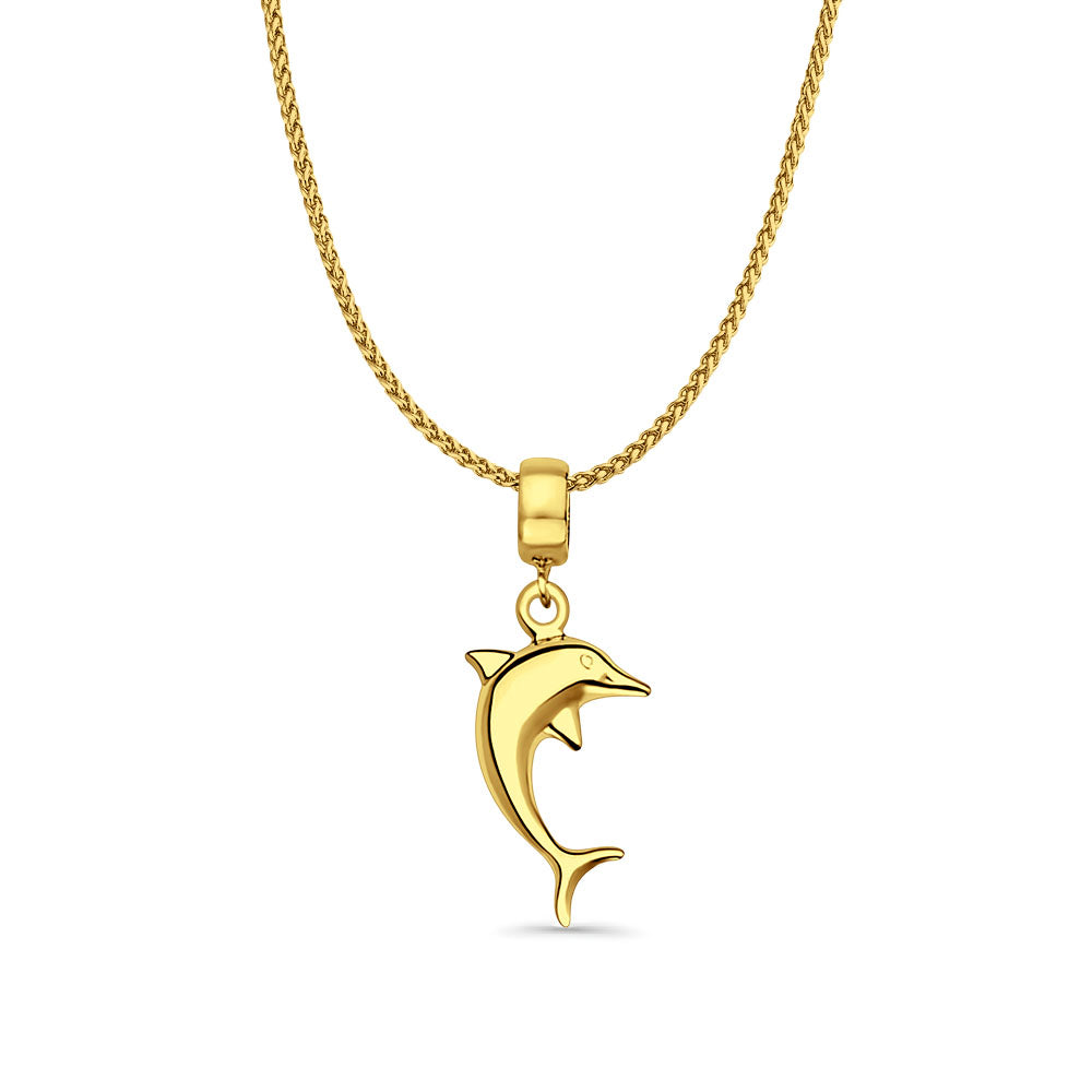 14K Yellow Gold Dolphine Charm for Mix&Match Pendant 27mmX10mm With 16 Inch To 24 Inch 0.8MM Width D.C. Round Wheat Chain Necklace