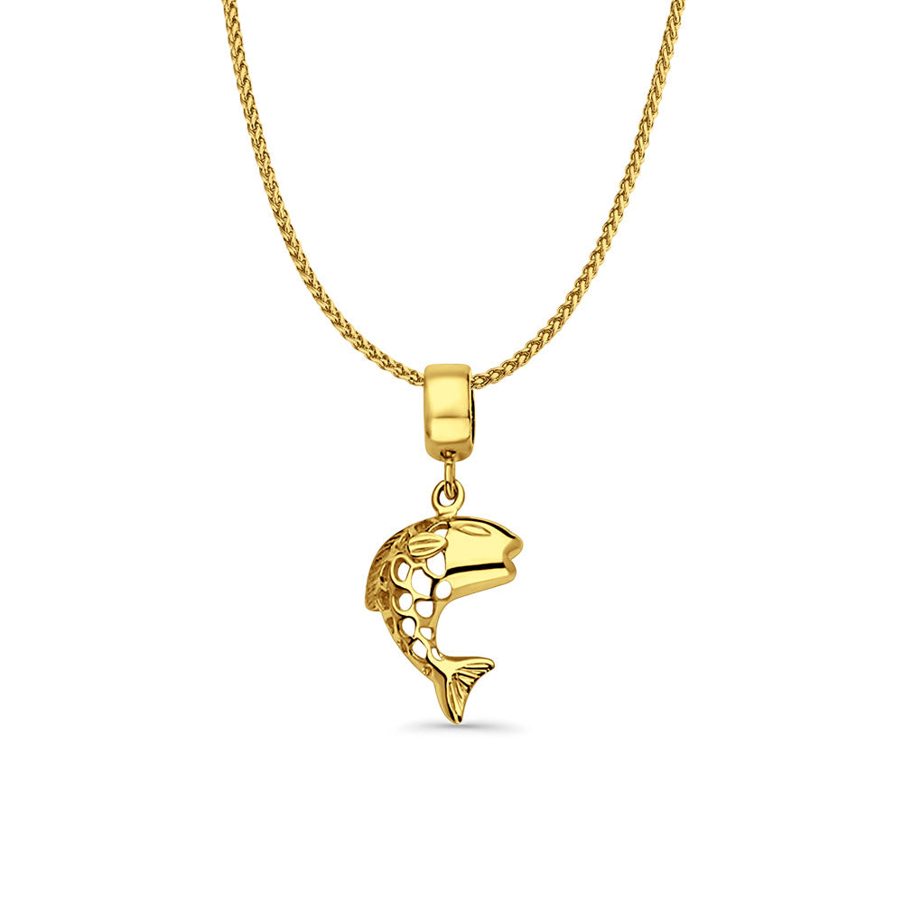 14K Yellow Gold Fish Charm for Mix&Match Pendant 24mmX10mm With 16 Inch To 24 Inch 0.8MM Width D.C. Round Wheat Chain Necklace