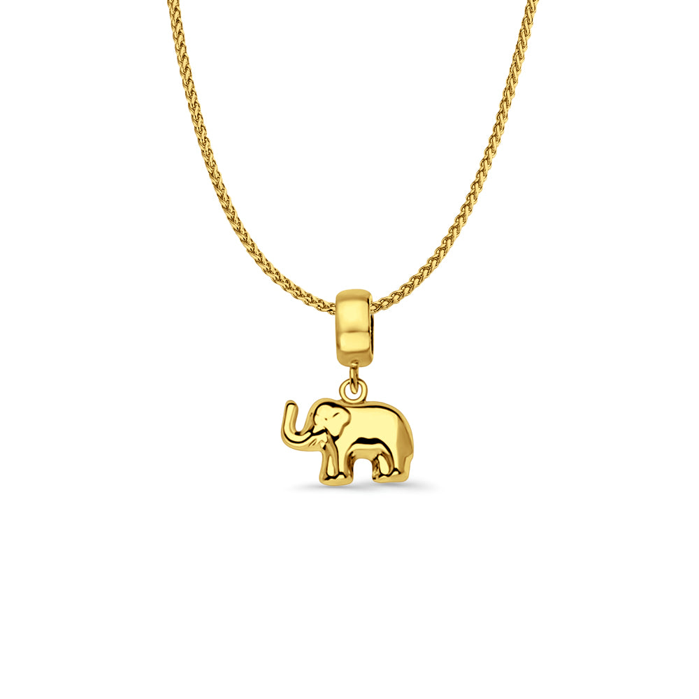 14K Yellow Gold Elephant Charm for Mix&Match Pendant 17mmX11mm With 16 Inch To 24 Inch 1.0MM Width D.C. Round Wheat Chain Necklace