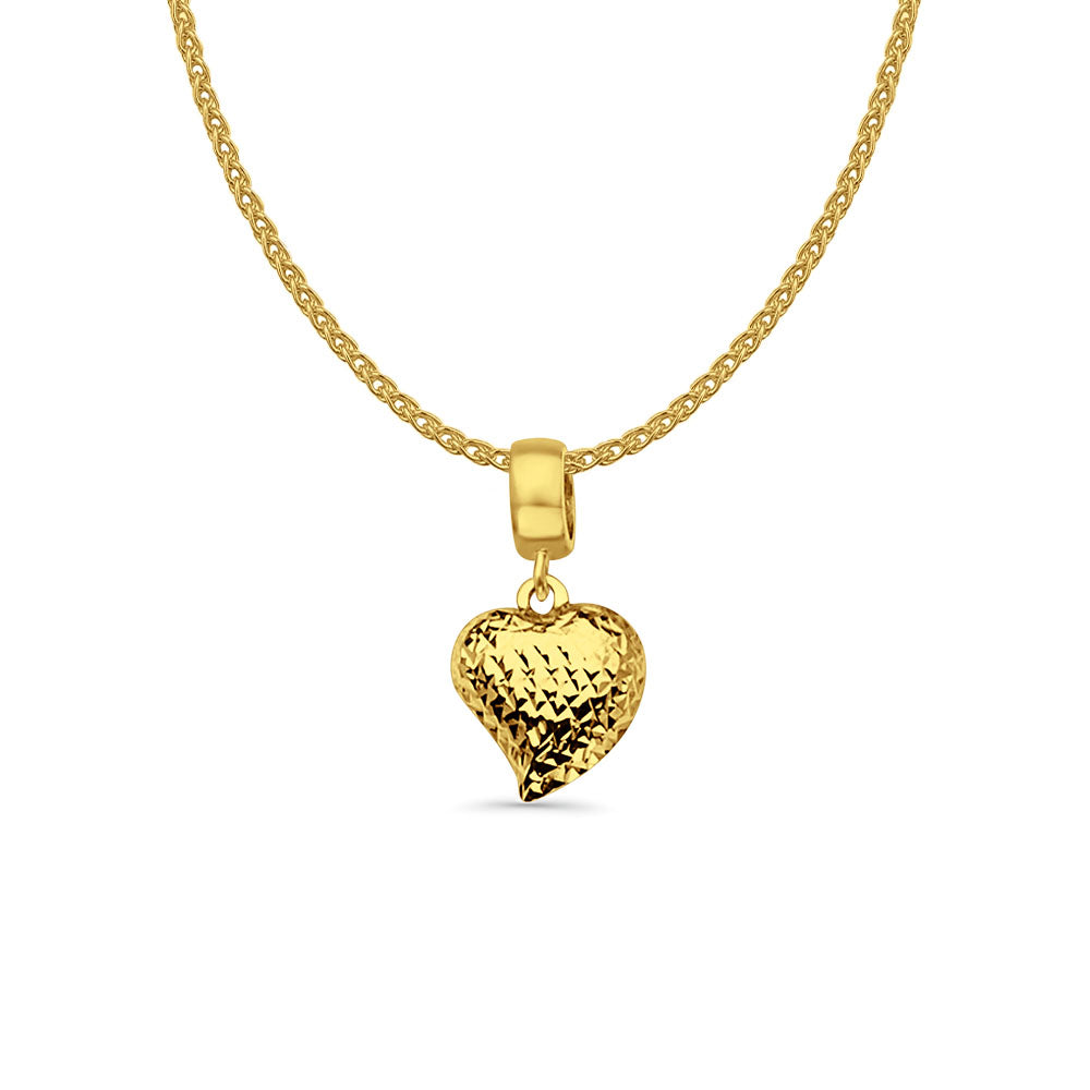 14K Yellow Gold Heart Charm for Mix&Match Pendant 20mmX10mm With 16 Inch To 22 Inch 1.2MM Width Flat Open Wheat Chain Necklace