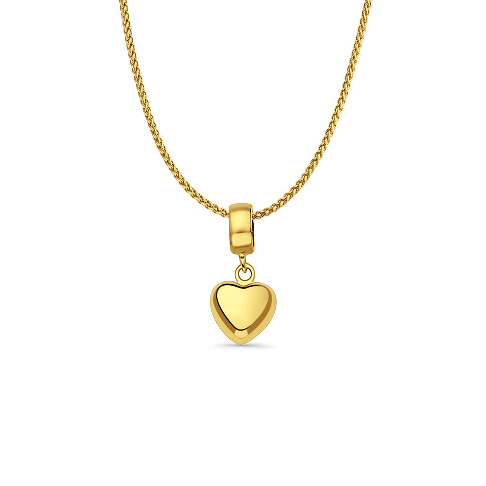 14K Yellow Gold Heart Charm for Mix&Match Pendant 17mmX8mm With 16 Inch To 24 Inch 0.8MM Width D.C. Round Wheat Chain Necklace
