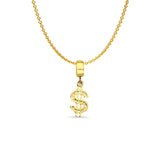 14K Yellow Gold $ Sign Charm for Mix&Match Pendant 21mmX6mm With 16 Inch To 22 Inch 1.2MM Width Angle Cut Round Rolo Chain Necklace